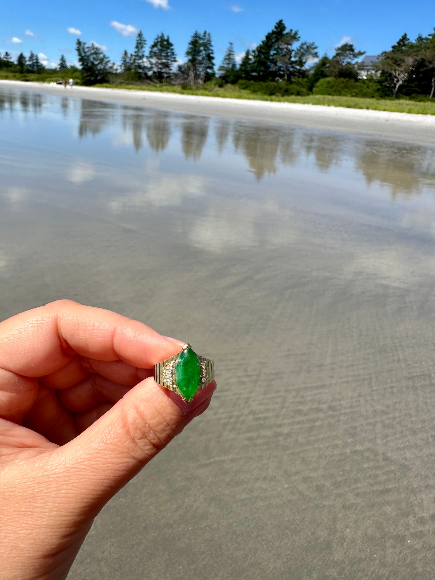14k Natural Jadeite Jade and Diamond Ring