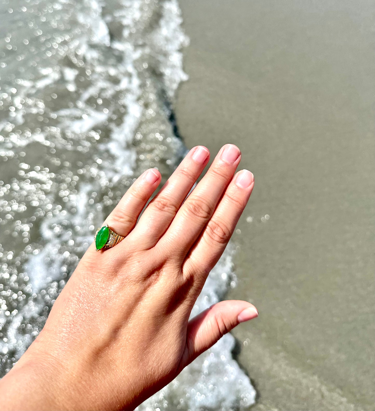 14k Natural Jadeite Jade and Diamond Ring