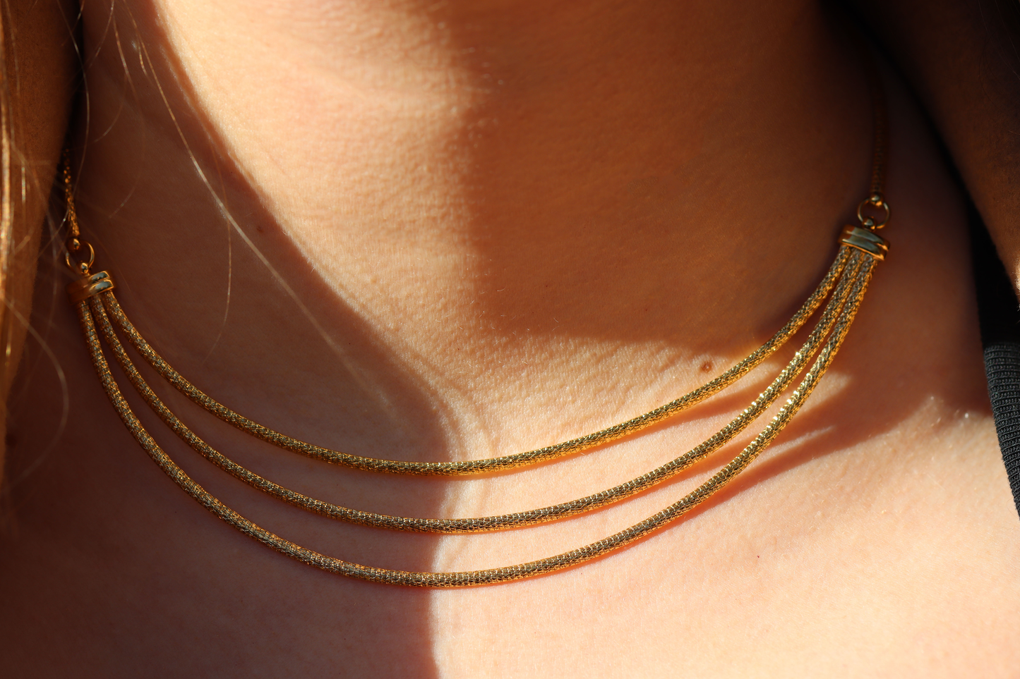 14k Rare Reversible Triple Strand Tiered Fancy Link Necklace