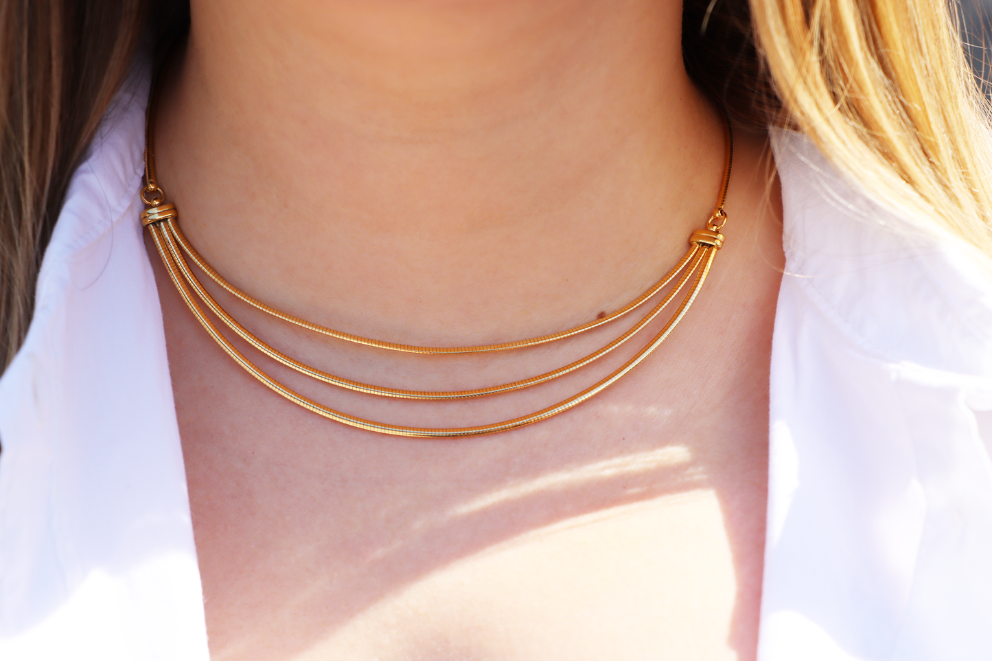 14k Rare Reversible Triple Strand Tiered Fancy Link Necklace